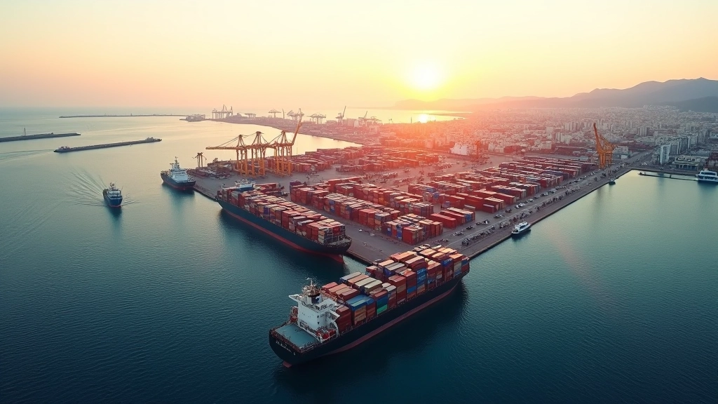 Vue aérienne du port de Marseille avec navires de commerce et installations portuaires modernes