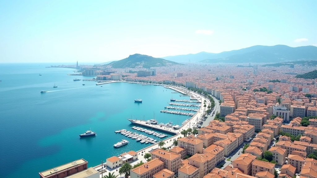 Vue aérienne d'une ville côtière méditerranéenne avec port commercial