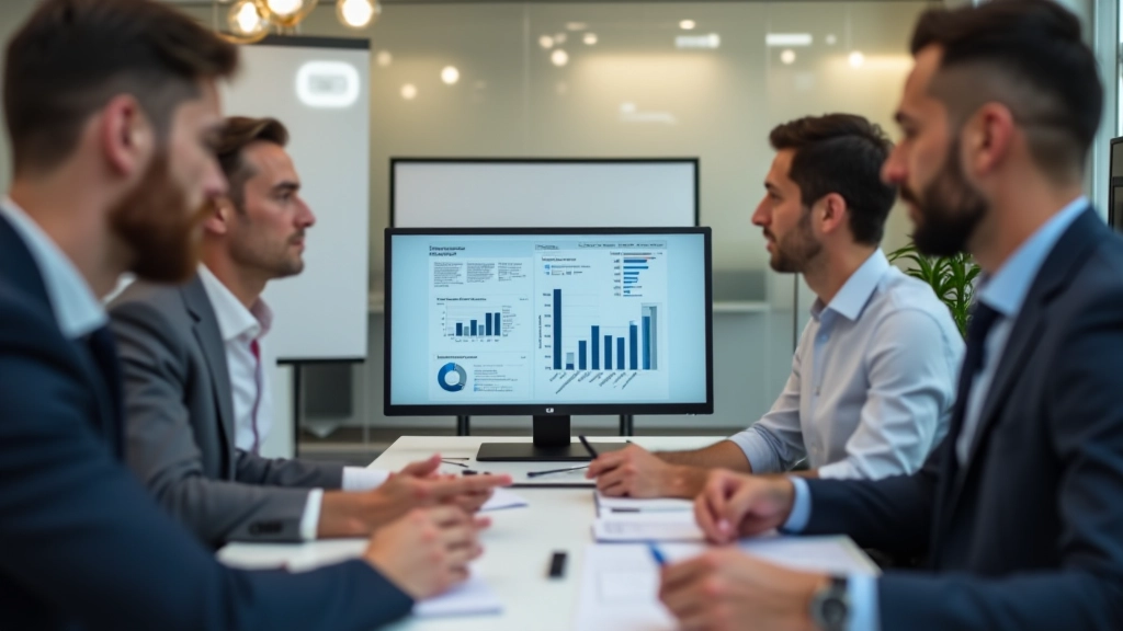 Entrepreneurs en réunion regardant un plan de croissance sur écran d'ordinateur portable, bureau collaboratif