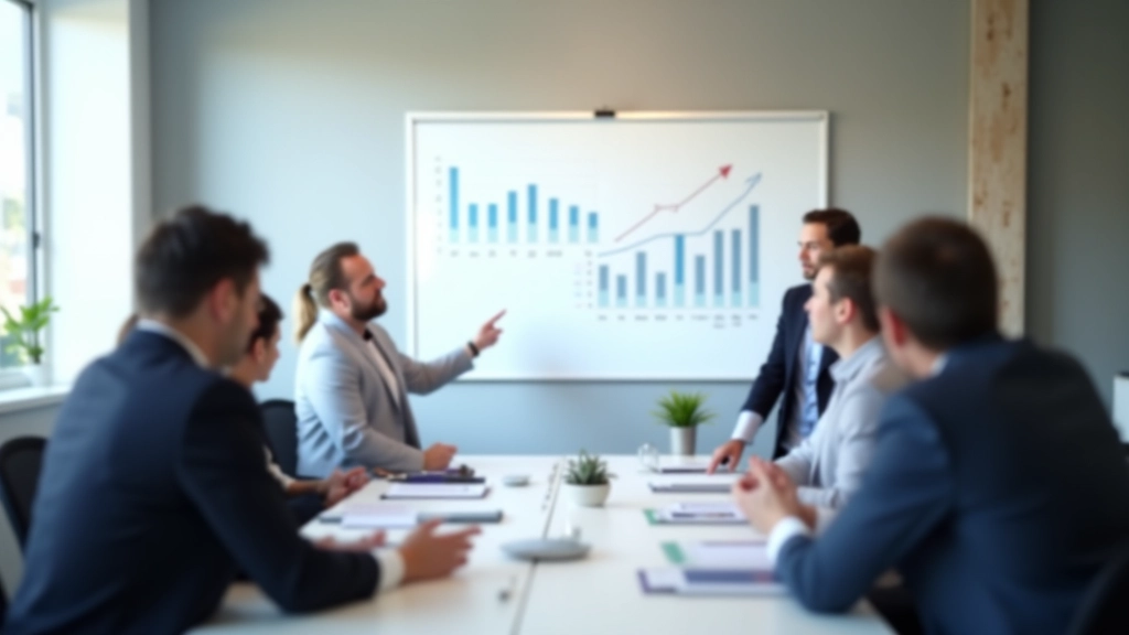 Réunion d'analyse financière avec graphiques et données affichées