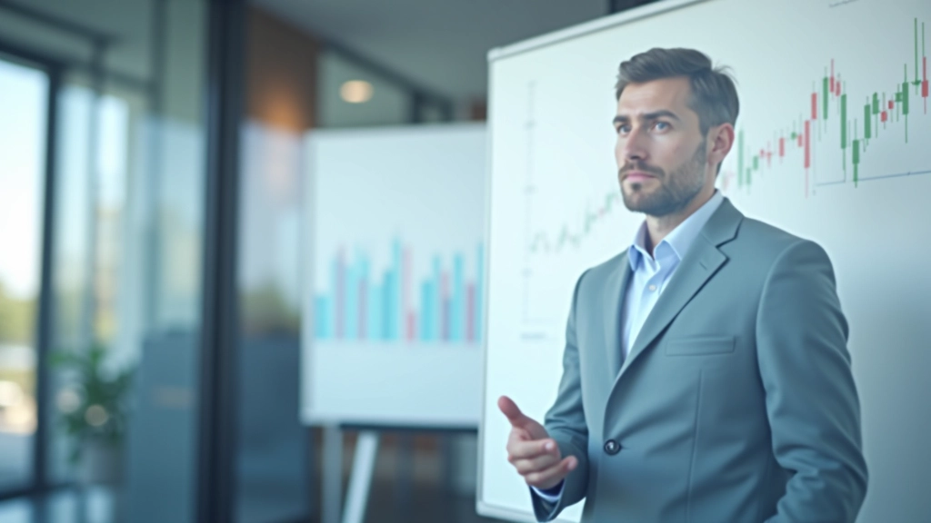 Analyste financier examinant des graphiques de performance économique sur un tableau blanc, environnement professionnel