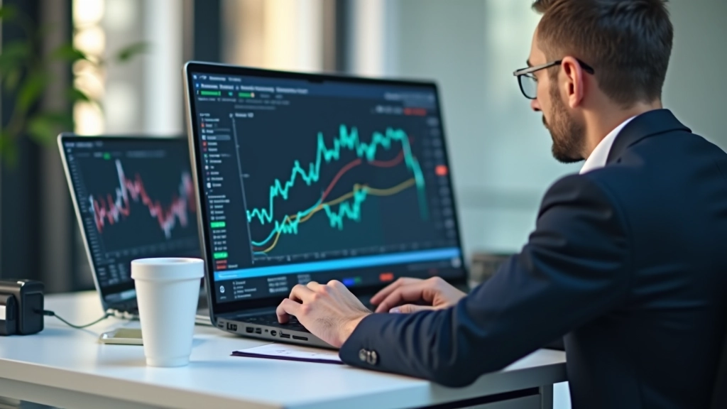 Professionnel de la finance consultant des données de marché en temps réel sur ordinateur portable avec café au bureau