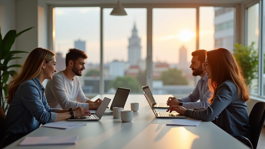 Espace de travail moderne avec équipe en réunion, tableaux blancs et plans d'affaires éparpillés sur table