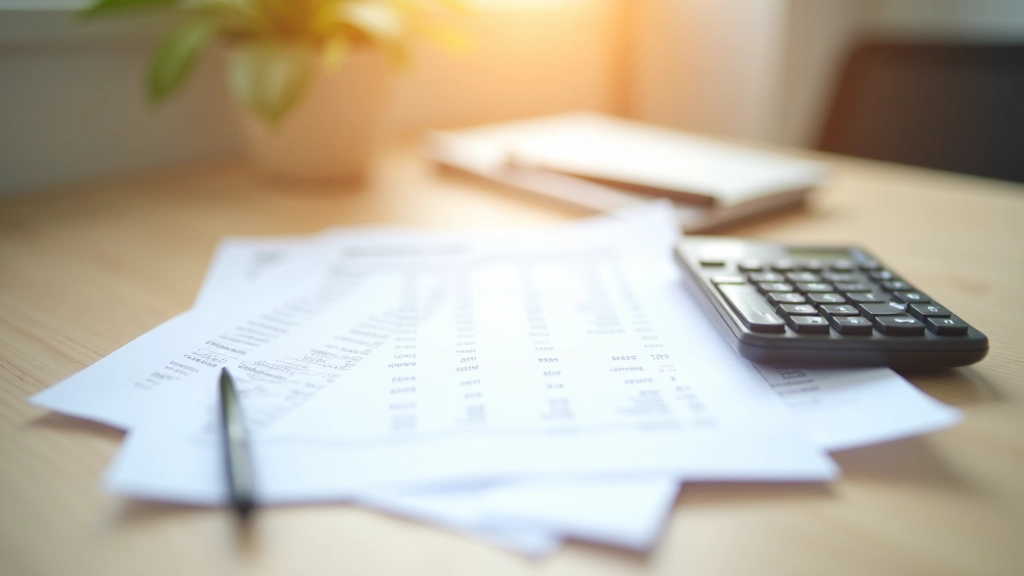 Feuille de calcul imprimée avec données financières et calculatrice sur un bureau en bois, éclairage naturel