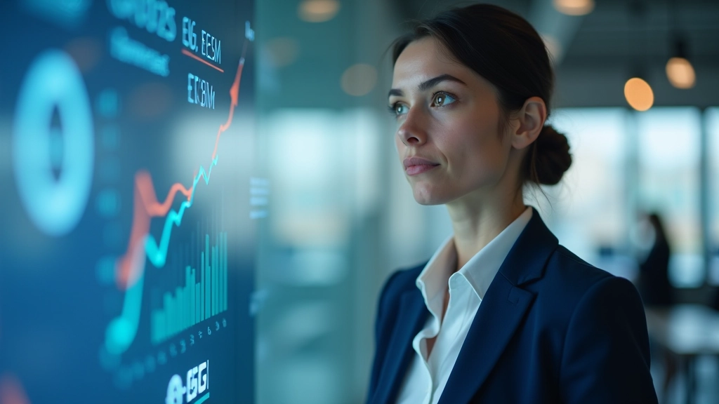 Femme présentant une stratégie d'investissement durable sur un tableau interactif, montrant des graphiques ESG et des métriques de durabilité