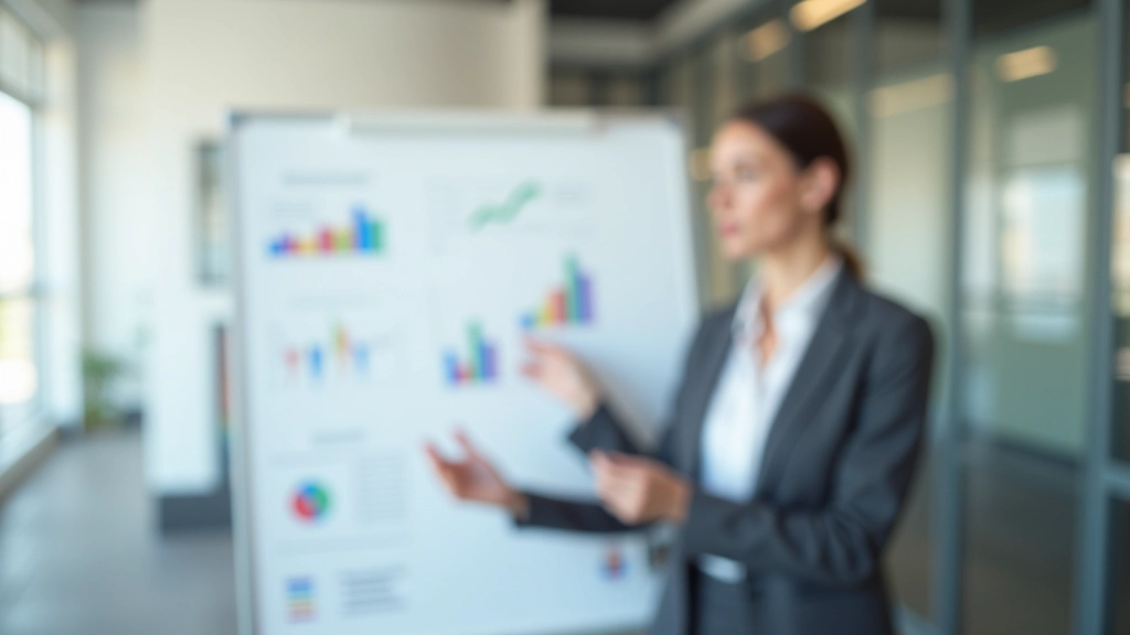 Femme présentant un plan de stratégie financière sur un tableau blanc avec des graphiques de croissance et d'allocation d'actifs